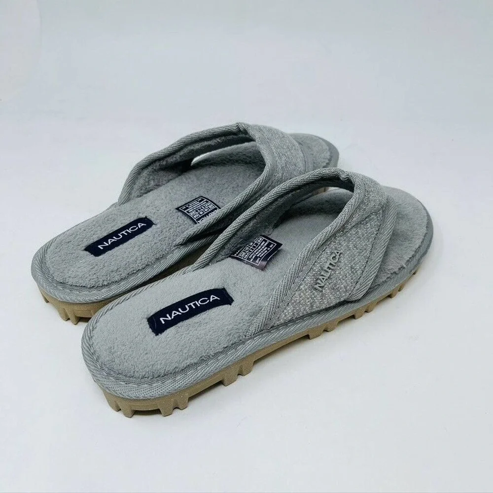 New Nautica Womans Sz 9M Fuzzy Faux Fur Gray Slip-On Slippers Hard Bottoms NWT - Picture 7 of 8